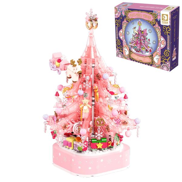 Pink Crystal Christmas Tree Building Block Set Christmas Tree Building Blocks Christmas Music Box with LED Light Rotating Christmas Bricks Toy for Adults Girls Musical Blocks Toy 675PCS for Adult Kid