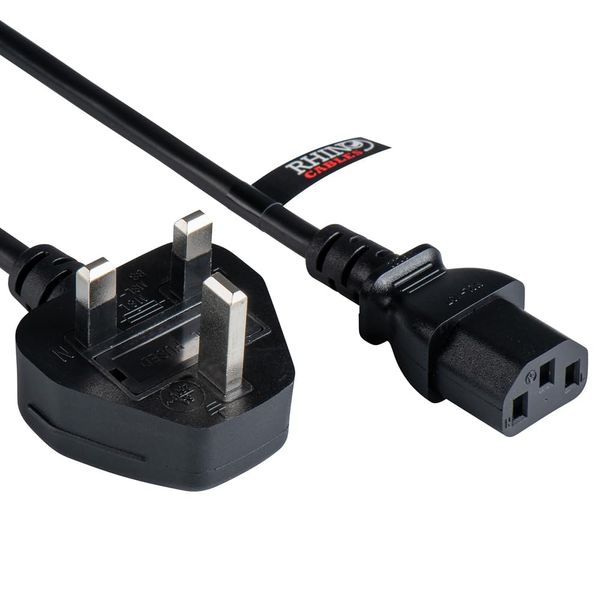 rhinocables IEC C13 Extension Cord Power Cable Lead with UK Pin Plug 13 amp, Single Socket for Monitor, Kettle, PC, Computer Mains Power Supply, Black (50cm)