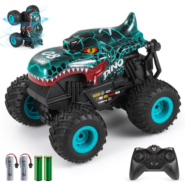 DYODYORC Remote Control Car, 2.4Ghz All Terrain Dinosaur Monster Truck Toys, RC Truck with Music, 3 Lighting Effects, 360 Stunt Capable, All Included Ready to Run, Toy Gifts for Boys and Girls (Cyan)