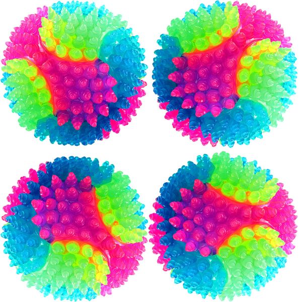 Sumind 4 Pack Light up Balls for Dogs for Fetch Spiky Squeaker Dog Ball LED Spiny Glow in The Dark Flashing Elastic Tennis Ball Bounce Activated Toy for Dogs, Puppy, Cats, 2.2 Inch(Classic Style)