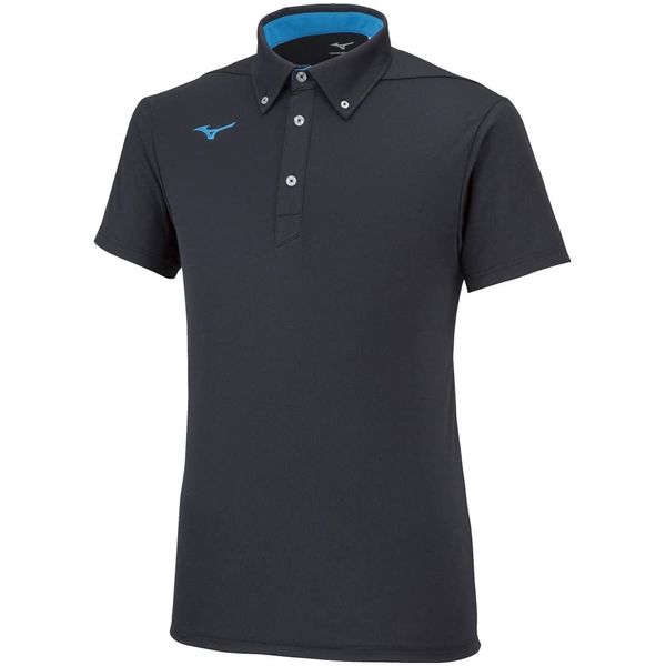 Mizuno Button Down Polo Shirt, Training Wear, Short Sleeve, Sweat Absorbent, Quick Drying, Black/Diva Blue (22 Model)