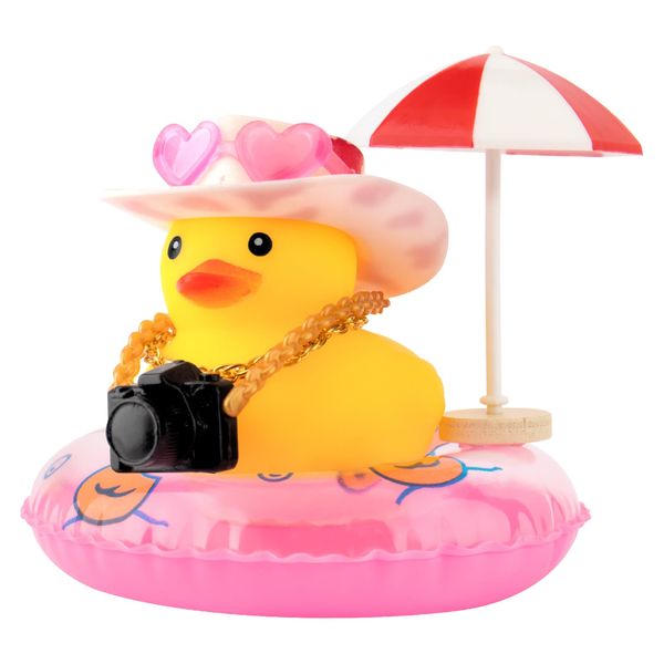 wonuu Rubber Duck Car Ornaments Duck Car Dashboard Decorations for Cute Car Accessories with Cowboy Hat Necklace Sun Umbrella and Camera, White&Pink Hat