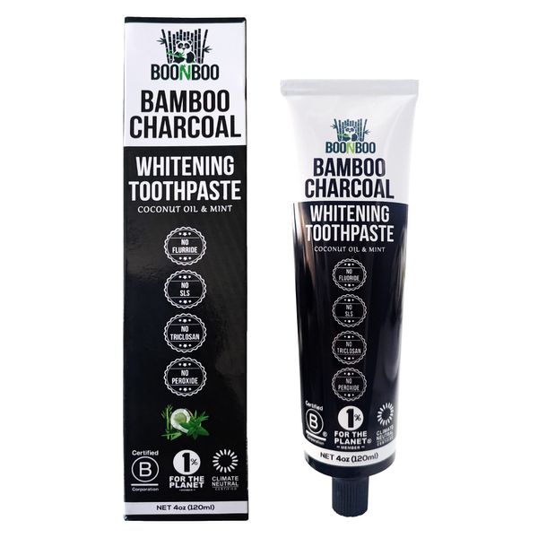 BOONBOO Bamboo Charcoal Toothpaste | 4oz / 120ml | Mint Flavor | Aluminum Tube with Bioplastic Cap | 100% Plastic-Free and Recyclable | Charcoal Paste for Teeth Cleaning and Whitening