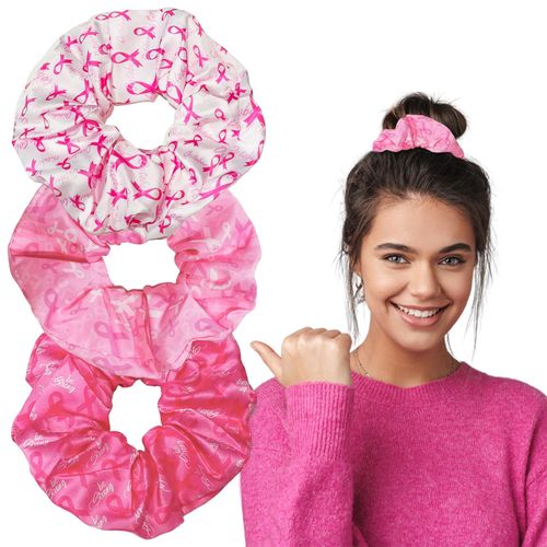 WRBAJIS Breast Cancer Hair Scrunchies Pink Ribbon Hair Ties Elastics Hair Bands Ponytail Holders Hair Accessories for Women Girls Breast Cancer Awareness Party Supplies 3Pcs