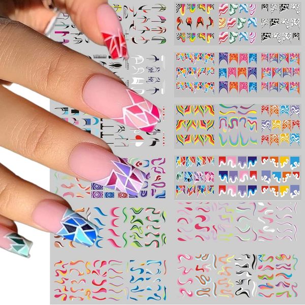 Regenbogen Geometrische Linien Nagelsticker Wassertransfer Aufkleber, YiXuTag 36 Modelle 3D Nageldesign Nagelsticker Selbstklebend Nagelaufkleber Nail Art Stickers für Frauen Mädchen Nail Art