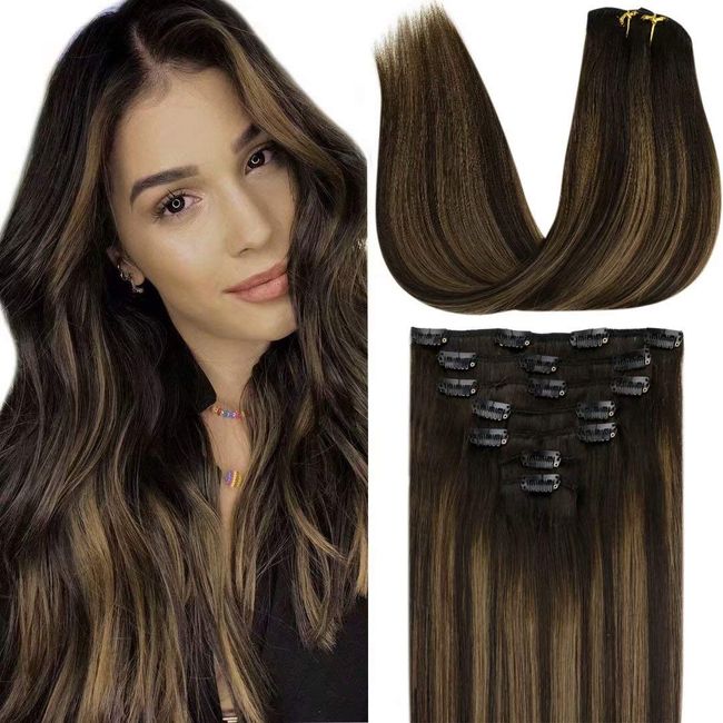 LaaVoo Real Hair Extensions Clip in Human Hair 20 Inch Balayage Dark Brown to Light Brown 7pcs 120g Remy Clip in Hair Extensions Human Hair Double Weft Long Straight