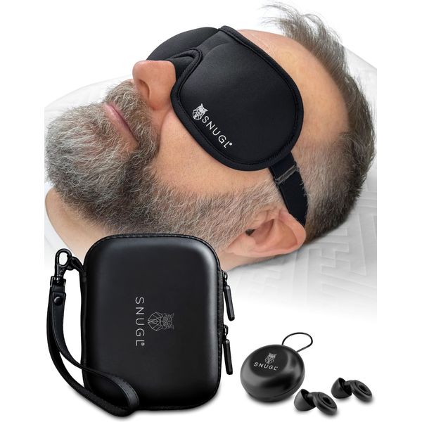 SNUGL Complete Travel Comfort Set - 100% Light-Blocking Eye Mask & Noise-Cancelling Earplugs - Includes Multi-Compartment Storage Case | 3 Ear Tip Sizes - Sleek Black