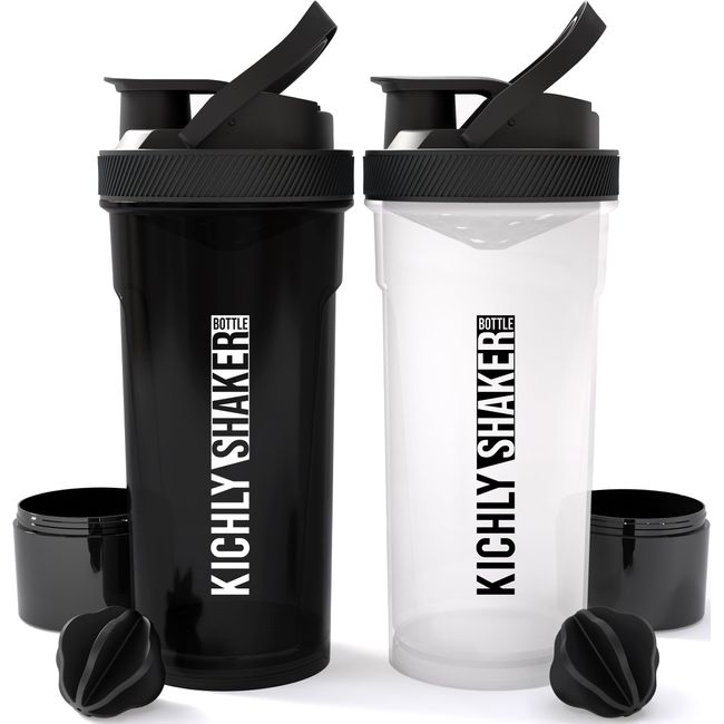 KICHLY (Set of 2 Classic Protein Shaker Bottle (700 ml) with Protein Shaker Ball - Non-Leak Cap with Container for Protein Shakes – Perfect Fitness & Workout Partner (Black & Clear)