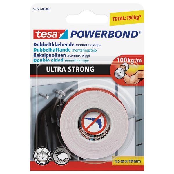 tesa Powerbond Ultra Strong Mounting Tape - Double-sided, Extra Strong Adhesive Mounting Tape for Permanent Fastening Outdoors and Indoors - 1.5 m