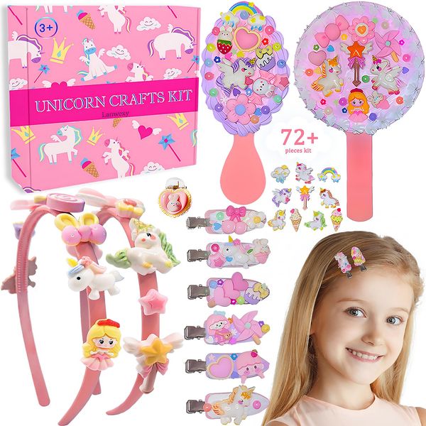 Lanwexy Headband Making Kit for Kids Birthday Presents Toys for Age 4-12 Unicorn Hair Accessories Kit Gifts for 4 5 6 7 Year Old Girls DIY Craft Kits with Mirror, Clips, Comb Kids Travel Activity Sets