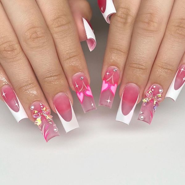 Hkanlre Pink French Press on Nails Cute Heart Fake Nails Tips Full Cover False Square Medium Nails for Women and Girls 24PCS