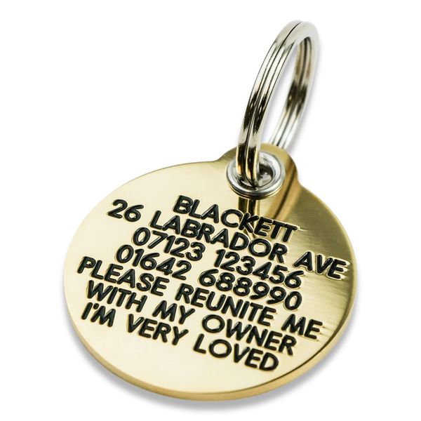 REINFORCED deeply engraved solid brass 33mm circular dog tag
