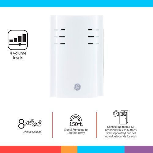GE Wireless Doorbell Kit, Plug-In Receiver, 2 Push Buttons Door Bell, 8 Melodies Doorbell Chime, 4 Volume Levels, Classroom Doorbell, 150 Ft Range, White, 19300