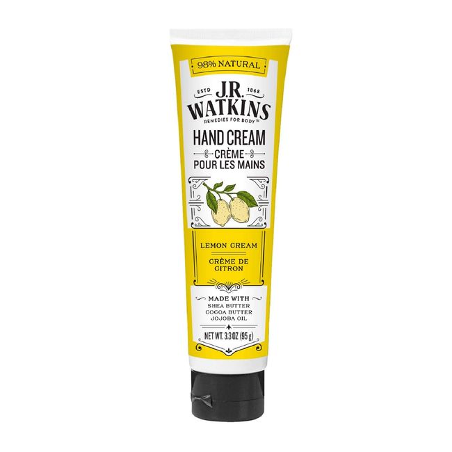 J.R. Watkins Natural Moisturizing Hand Cream, Hydrating Hand Moisturizer with Shea Butter, Cocoa Butter, and Avocado Oil, USA Made and Cruelty Free, 3.3oz, Lemon Cream, Single