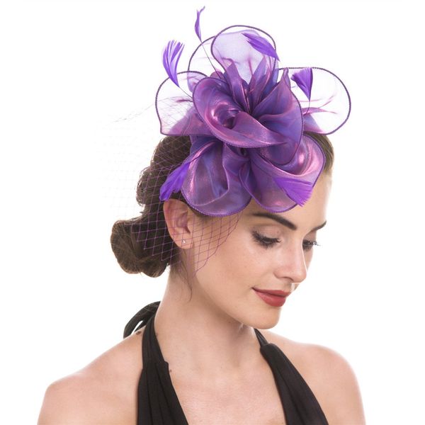 Fascinator Hat Feather Mesh Net Veil Party Hat Ascot Hats Flower Derby Hat with Clip and Hairband for Women (A2-Floral Mesh Purple)