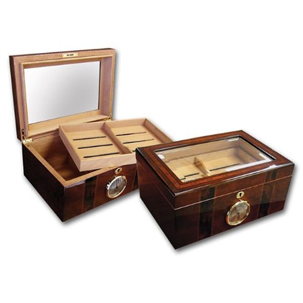 Prestige Import Group Ambassador High Gloss Beveled Glass Top Cigar Humidor - Holds Up to 100 Capacity - Unique Inlay Design