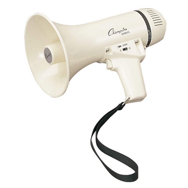 Champion Sports Megaphone with Siren, Wrist Strap, Compact Handle, 800 Yard Range - Powerful Bullhorn Loudspeaker with Adjustable Volume Control for Sport Events, Concerts, Crowd Control, 4 Watts (White), Model: MP4W