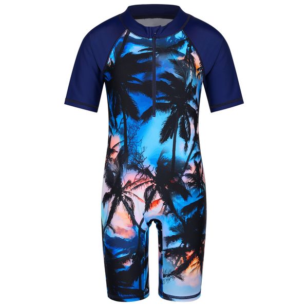 HUAANIUE Boys Swimming Short Sleeve Swimsuit 3-12Y Kids One Piece Swimwear Navy Sun Protection 50+ Swim Clothes UPF Warm Sportwear Costume Summer Surfing (BlackTree,104/110)