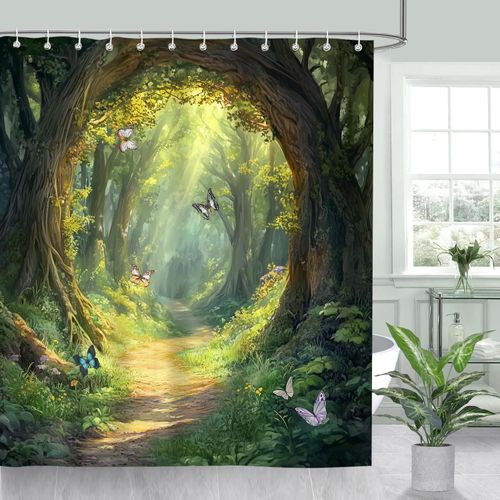 iTapnoom Enchanted Forest Shower Curtain, Green Tree Butterfly Nature Lanscape Scene Shower Curtains Set for Bathroom Decor Washable Waterproof Fabric Cloth with 12 Hooks, 72X72 Inch