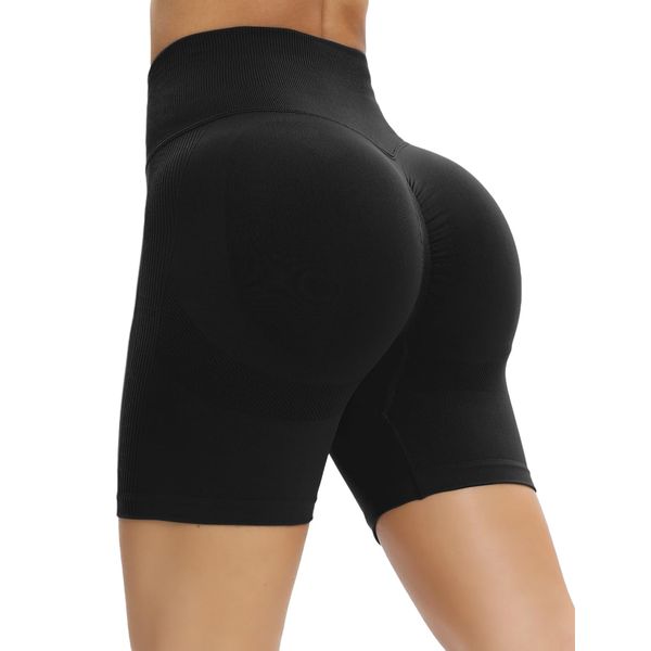 TAYOEA Sport Shorts Damen, Scrunch Butt High Waisted Kurze Shorts Damen, Push Up Booty Nahtlos Biker Yoga Leggings Fitness Gym Shorts Schwarz,L