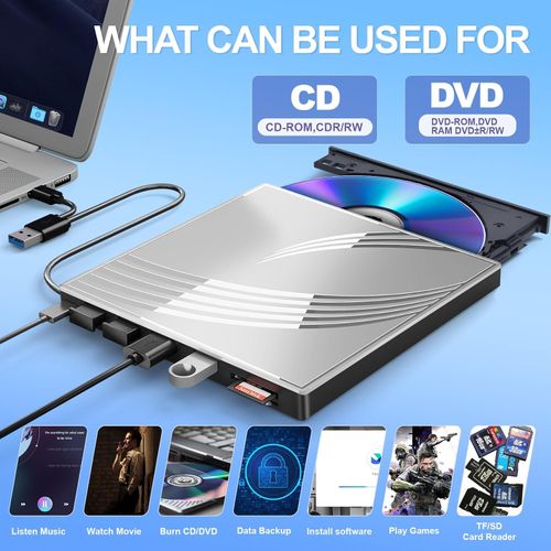 External CD/DVD Drive for Laptop with Carrying Case,DVD Player for Laptop,Portable CD Burner with 4 USB Ports, 2 TF/SD Card Slots,CD Disk Drive Player Reader Write