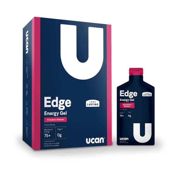 UCAN Edge Energy Gel Shots, Strawberry Banana (12, 2 Ounce Packets) for Running, Training, Workouts, Fitness, Cycling, Crossfit | Sugar-Free, Vegan, & Keto Friendly Energy Supplement