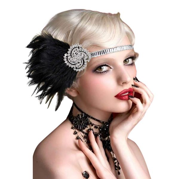 Vintage Bridal Feather Headband Great Gatsby Headpiece Gangster Ladies Elastic Hairband Jazz Dance Accessories (Black Feather)