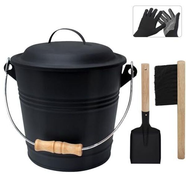 Ash Bucket with Lid and Shovel, 1.3 Gallon Fireplace Bucket 1.3 Gallon (Black)