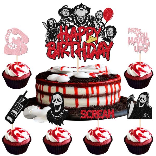 25 PCS Horror Movie Cupcake Toppers Horror Happy Birthday Cake Topper Bloody Knife Have a Killer Birthday Cupcake Picks for Classic Movie Theme Birthday Halloween Party Cake Decorations Supplies