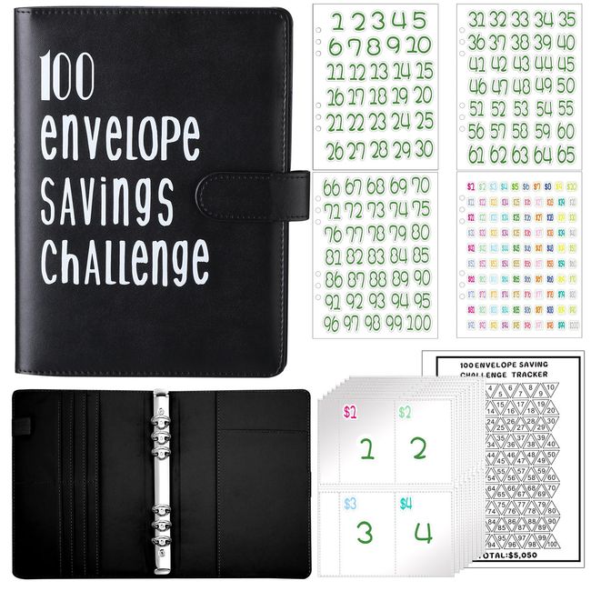 Aliceset 100 Envelopes Money Saving Challenge Binder, Easy and Fun Way to Save 5, 050, Budget Binder Savings Challenge Book with Cash Envelopes for Budgeting Planner Saving Money(Black, White)