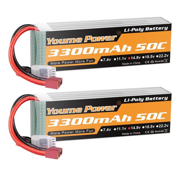 Lipo 4S Battery,14.8v 3300mAh Lipo Battery Pack 50C with T Plug for RC Helicopter Airplane Boat Quadcopter (2 Packs)