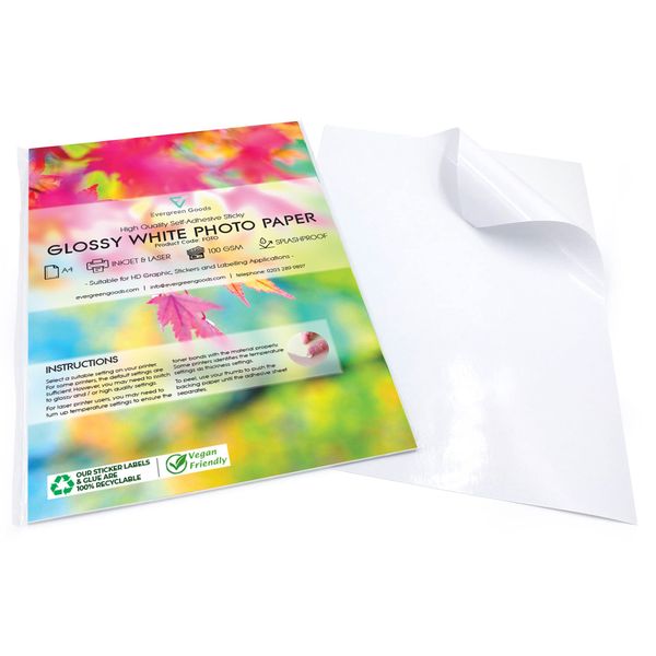 Evergreen Goods 50 Sheets A4 Glossy White Printable Sticker Paper | Inkjet & Laser Splashproof Self-Adhesive | Make Your own Stickers, Arts & Craft, Cutter Plotter, Product Labels