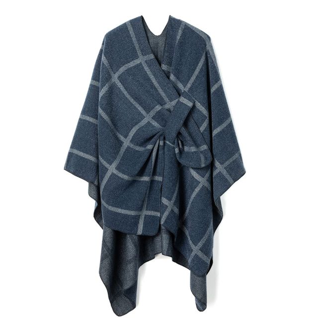 Villand Schal für Damen Poncho-Umhang Cardigan mit offener Vorderseite, Gürtel und Geschenktüte für Herbst und Winter (Blaugrau Plaid)