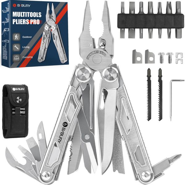 BIBURY Multitools, Multi Tool Foldable Pliers with Upgraded Scissors and Screwdriver Set, Stainless Steel Multitools with Nylon Pouch, Ideal for Camping, Outdoor, Repairing - Gift for Dad Men - Pro