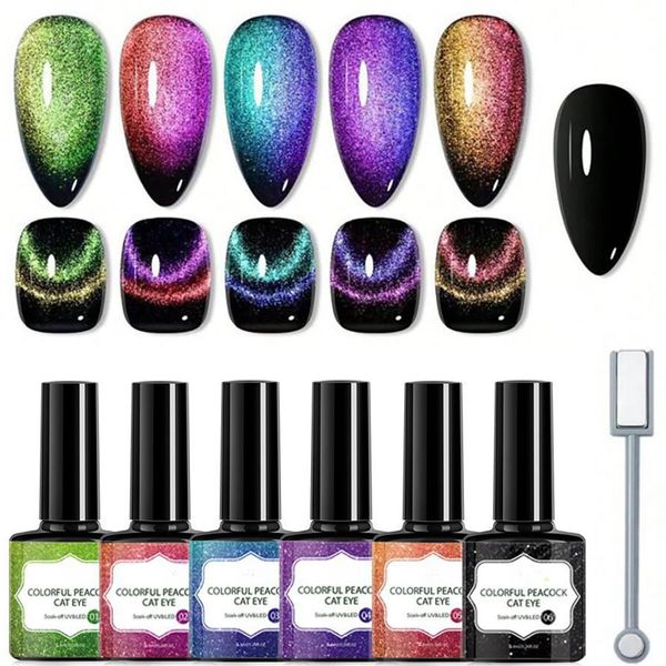 6Pcs Cat Eye Magnet Nail Polish Set, Rainbow Nail Polish Set, Cateye Gel Nail Polish Gift kit, Long Lasting Nail Polish for Women, Liquid Shiny Gel Polish, Bright Color Gel Nail Polish