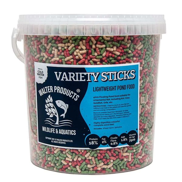 Walters Variety Sticks (5L Tub) | Pond Fish Food for Goldfish, Koi and all Cold Water Pond Fish | Nutritional Floating Fish Food Pond Sticks in Stay Fresh EasyTubs and Refill Bags