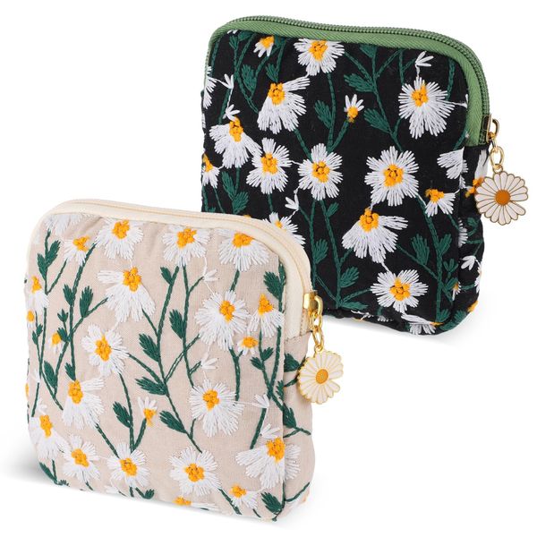 TIESOME Daisies Sanitary Napkin Storage Bag, 2 Pcs Embroidery Menstrual Cup Pouch Cotton Soft Period Holder Bag Portable Tampon Holder Pad Pouch Period Kit Bag for Women Teen Girls