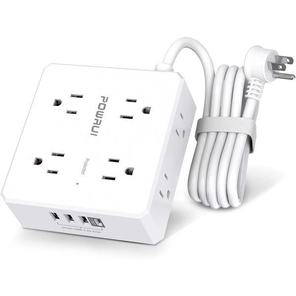 Surge Protector Power Strip - 6 Ft Flat Plug Extension Cord with 8 Widely Outlet