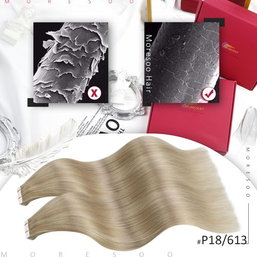 Moresoo Tape-In Hair Extensions, Real Hair, Invisible, Remy Hair, Ash Blonde with Platinum Blonde #P18/613, Thick, 35 cm, 20 Pieces, 40 g