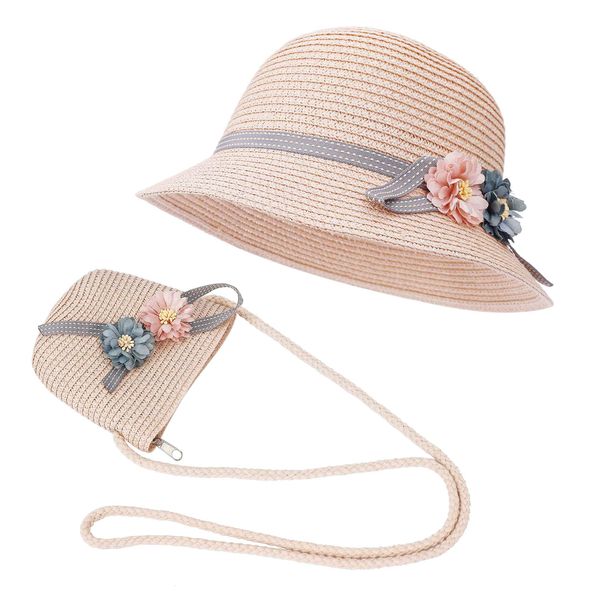 FT-SHOP Girls Sun Hat Summer Beach Straw Hats and Mini Cute Purse Sets with Flowers Decoation for Holiday Outdoor Activities