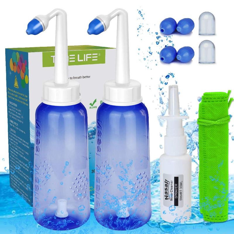 2PCS-PACK Sinus Rinse Bottle with 4 Sprayer + 1 Moisturizing Nasal Pump ...