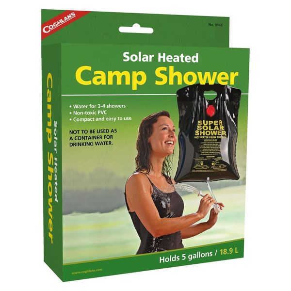 Coghlan's Camp Shower - Portable, Solar-Heated, 5 Gallon/20 Liter Capacity, Outdoor Shower Bag with Tangle Free Hose, Flow Control Clip, For Tent Camping, Backpacking, Car Camping, Beach Swimming