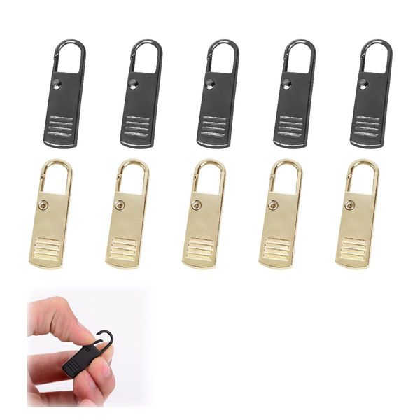 10 Pieces Zipper Puller, Replacement Zipper Pull, Replacement Zip Pull, Metal for Repair Zip, Jacket Zipper Slider, Removable Zippers Tabs (Black, Gold)