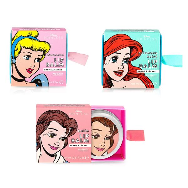 Princess Lip Balm Belle, Ariel & Cinderella Passion fruit, Coconut, Strawberry Flavours. Soothes Dry Lips Set of 3 Boxed for Keepsake or Gift