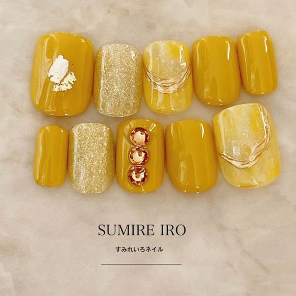 Nail tips False nails Bridal nails Short Coming-of-age nails Design Simple nails Nail Beige nails Small nails Large nails Very short Chibi nails Adult nails False nails Custom nails<br> [o2203] Yellow mustard large stone marble mirror