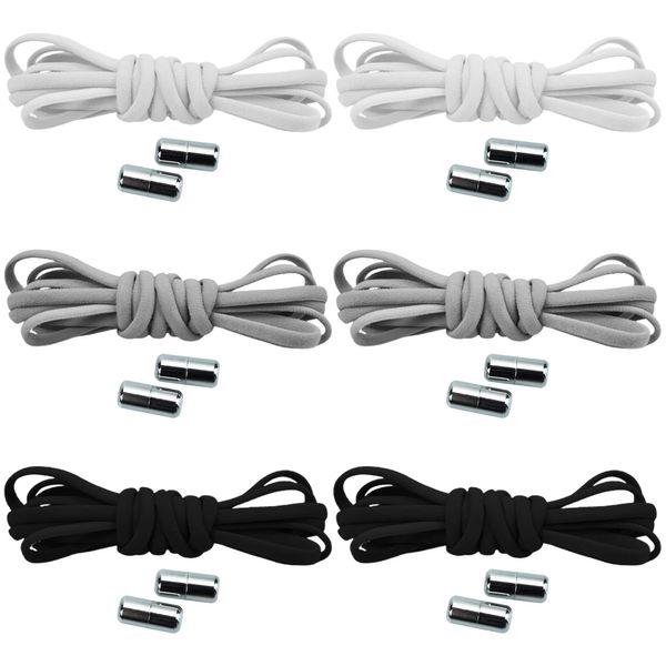 beifon 6 Paar Schleifenlose Schuhbänder Schnürsenkel mit Schnellverschluss elastische, mit Metallverschluss No Tie Shoelaces Gummi Schuhband Metallkapsel für Sport Kinder Schwarz+Weiß+Grau