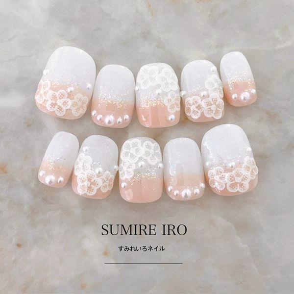 Nail tip false nails bridal nails cute short long design summer nails nail present short nails small nails large nails berry short chibi nails adult nails false nails office nails simple [1845] White Flower Beige