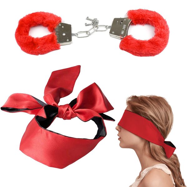 Metal Handcuffs with 2 Keys,Satin Blindfold Fluffy Handcuffs Play,Cosplay Costume Props for Cosplay,Handcuffs Prop Dress Ball Party (Red) (Red)