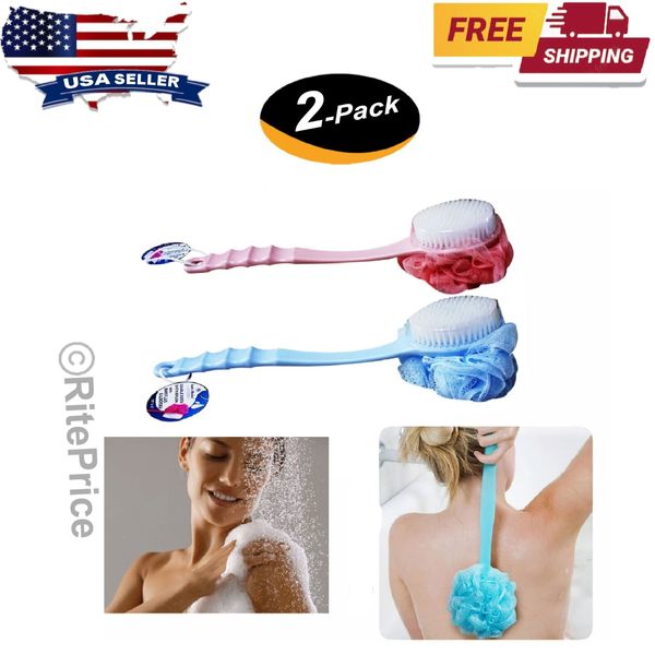Bath Body Brush Soft Bristles & Loofah (2 Pack) Back Scrubber Plastic Handle-New