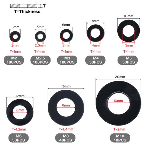 HSEAMALL 500PCS Black Nylon Washers,M2 M2.5 M3 M4 M5 M6 M8 M10 Assorted Flat washers,Insulating Round Seal Spacer Tap Sealing Gasket